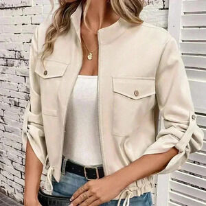 Apricot Casual Womens Flap Pocket Roll Tab Sleeve Drawstring Hem Zip Up Jacket